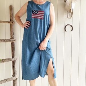 Expressions Plus 90’s Y2K Chambray Embroidered American Flag Maxi‎ Dress 24W